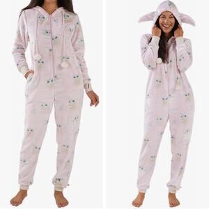 Star Wars Grogu Baby Yoda Pajama Set Jumpsuit Size M Pink Zip Up Hooded Cozy